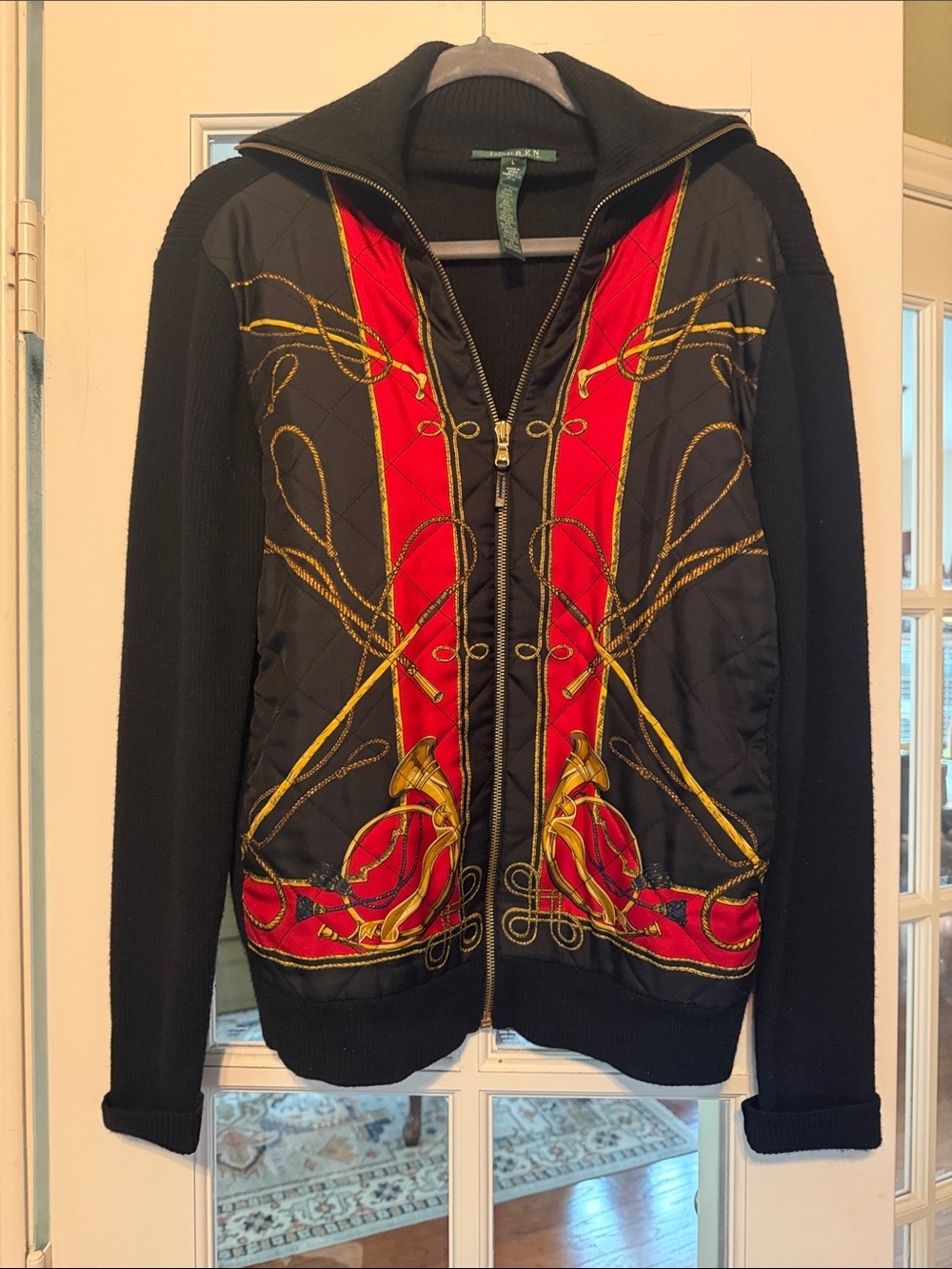 Lauren Ralph Lauren Black Sweater Cardigan with Red and Gold Trim